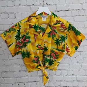 Vintage Hibiscus Yellow Hawaiian Crop Tie Top S